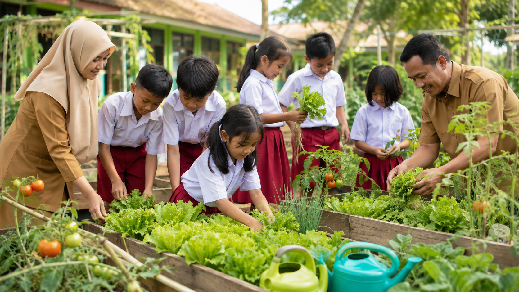 Murid dan guru belajar menanam serta memanen sayuran di kebun sekolah