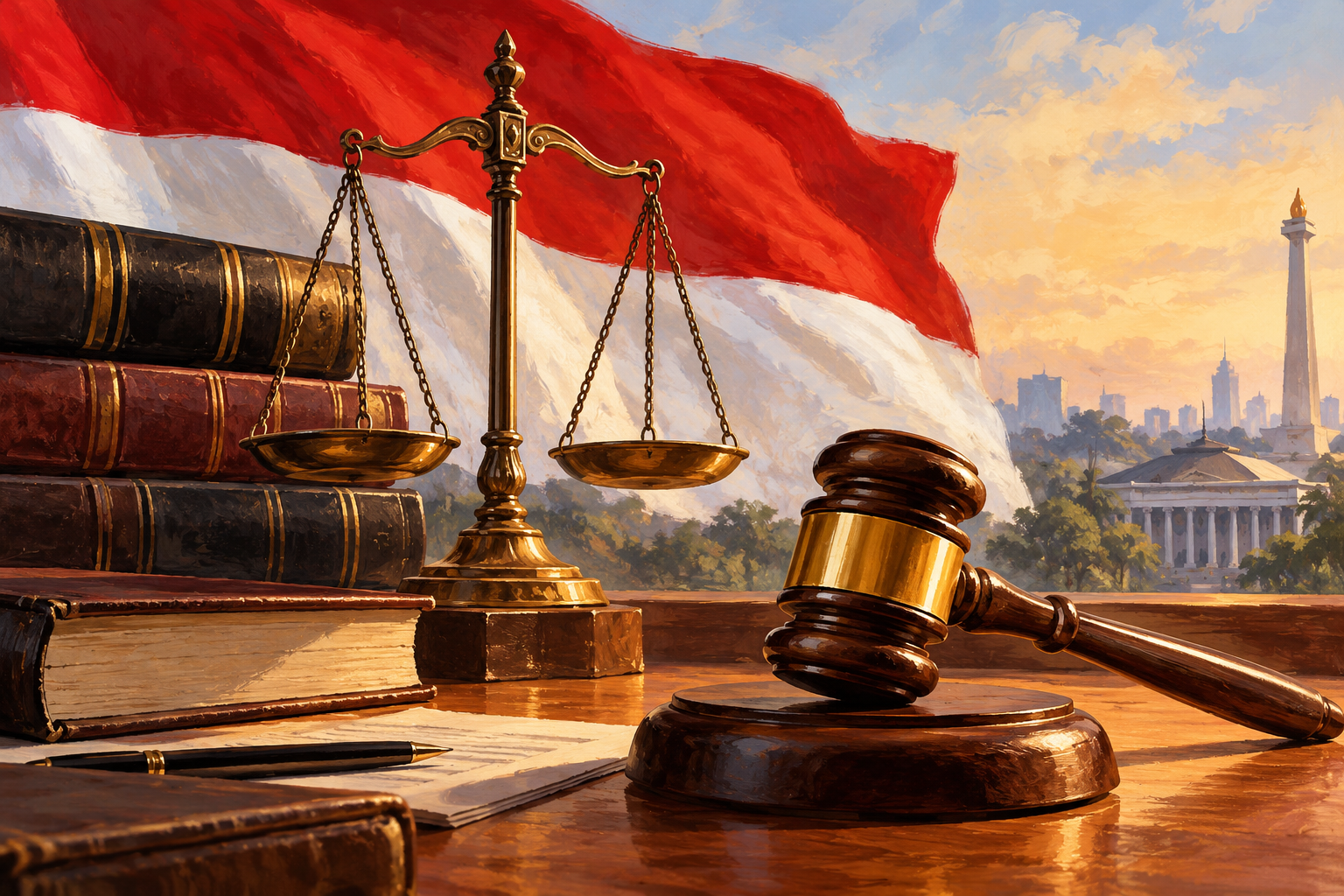 Ilustrasi AI hukum dan keadilan; bukan foto kejadian.