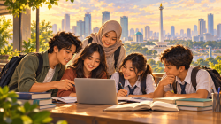Ilustrasi AI pelajar dan mahasiswa belajar; bukan foto penerima KJP atau KJMU.