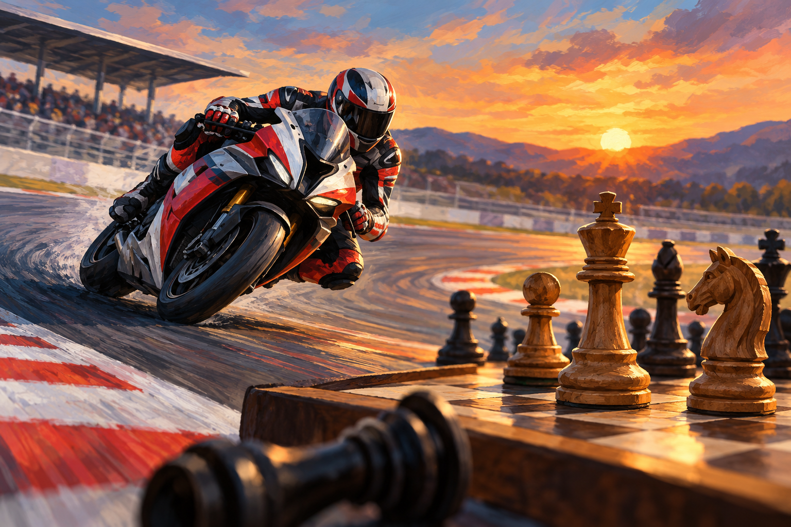Ilustrasi AI balap motor dan catur; bukan foto kejadian.