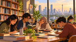 Ilustrasi AI warga membaca dan menulis di perpustakaan; bukan foto peluncuran.