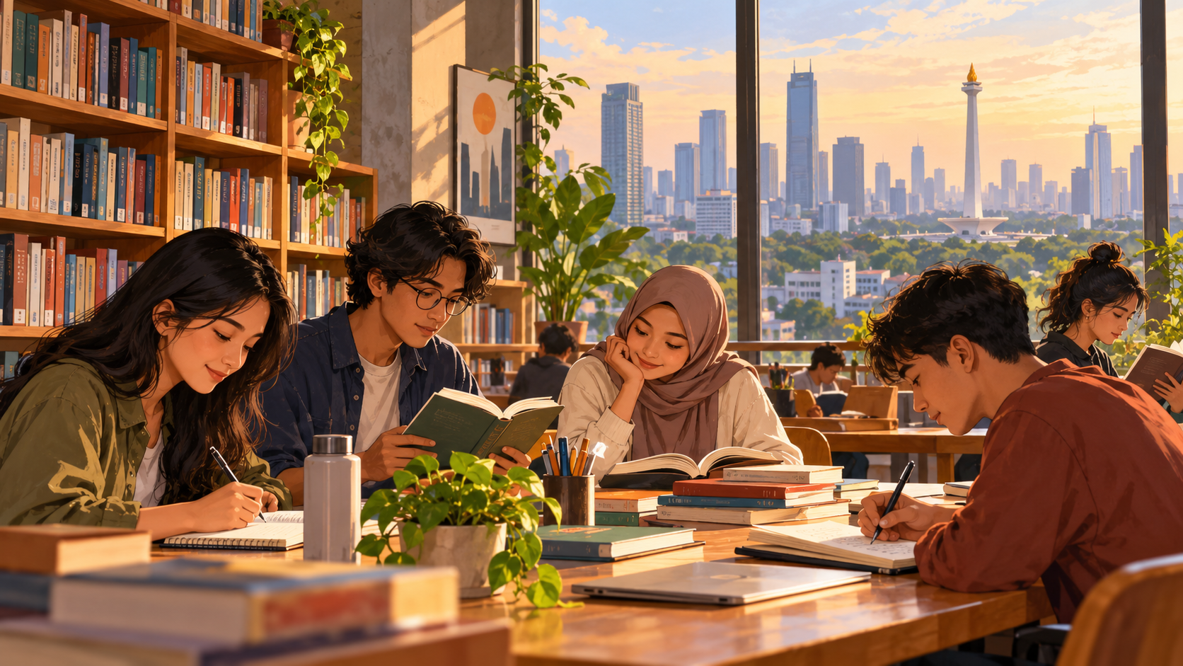 Ilustrasi AI warga membaca dan menulis di perpustakaan; bukan foto peluncuran.
