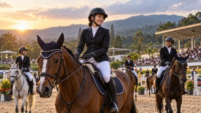 Ilustrasi AI atlet berkuda mengikuti kejuaraan equestrian di arena berlatar pegunungan Jawa Barat.