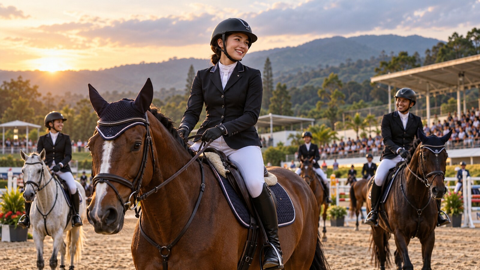 Ilustrasi AI atlet berkuda mengikuti kejuaraan equestrian di arena berlatar pegunungan Jawa Barat.