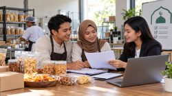Ilustrasi AI pelaku UMKM Indonesia menyiapkan dokumen sertifikasi halal bersama pendamping.